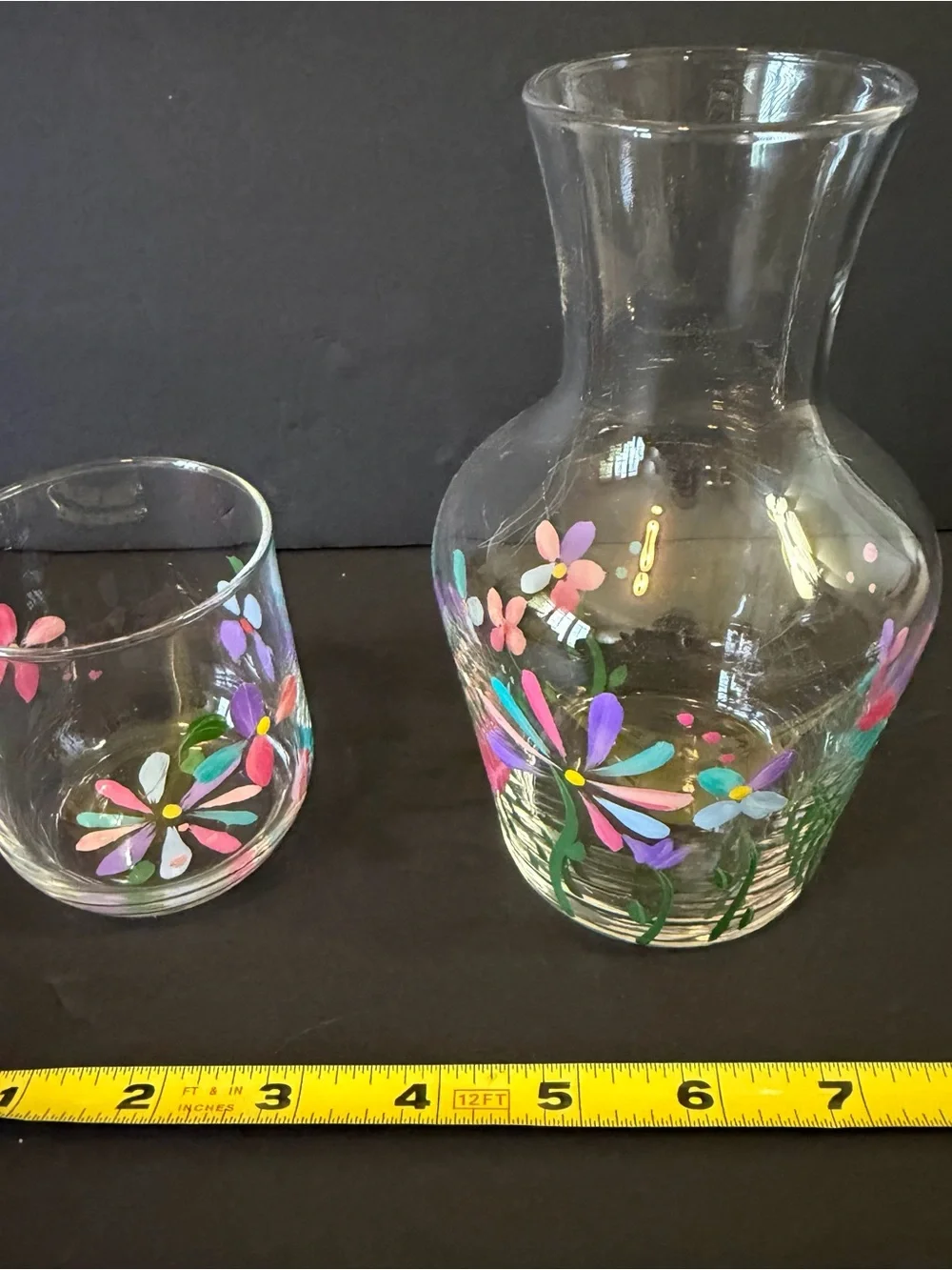 Vintage Tumble Up Bedside Carafe Drinking Glass Hand Blown? Hand Painted Floral